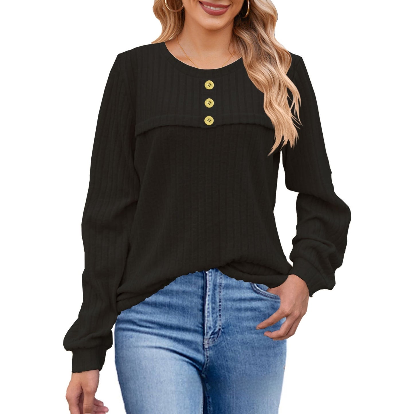 European And American Autumn And Winter Brushed Sunken Stripe Button Long-sleeved T-shirt Casual