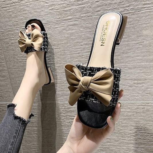 Fish Tip Bow Slippers Ladies' Thick Heel Toe