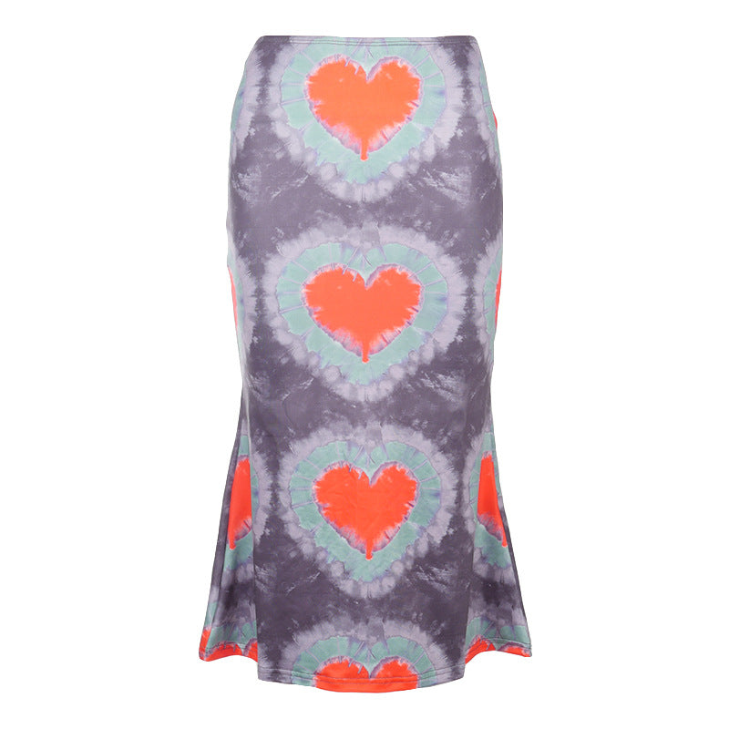 Love Printed Casual Bag Buttocks Half Body Low Waist Long Skirt