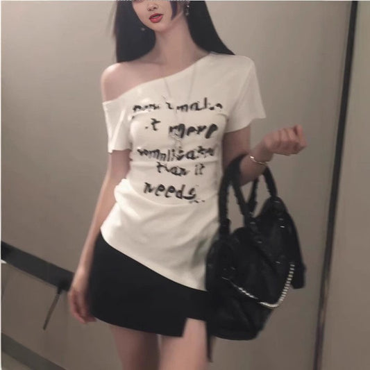 American-style Asymmetrical White Letter-print Off-shoulder Short-sleeve T-shirt