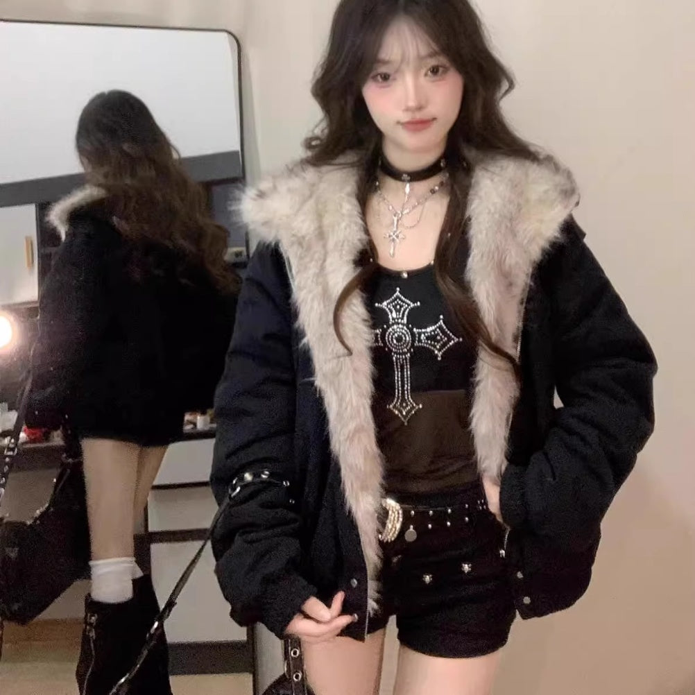 Thickened Fur Collar Hood Cotton-padded Coat For Women