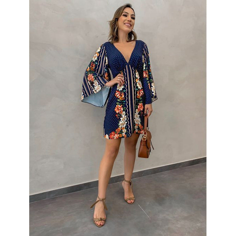 Womens V-neck Backless Long-sleeve Dress