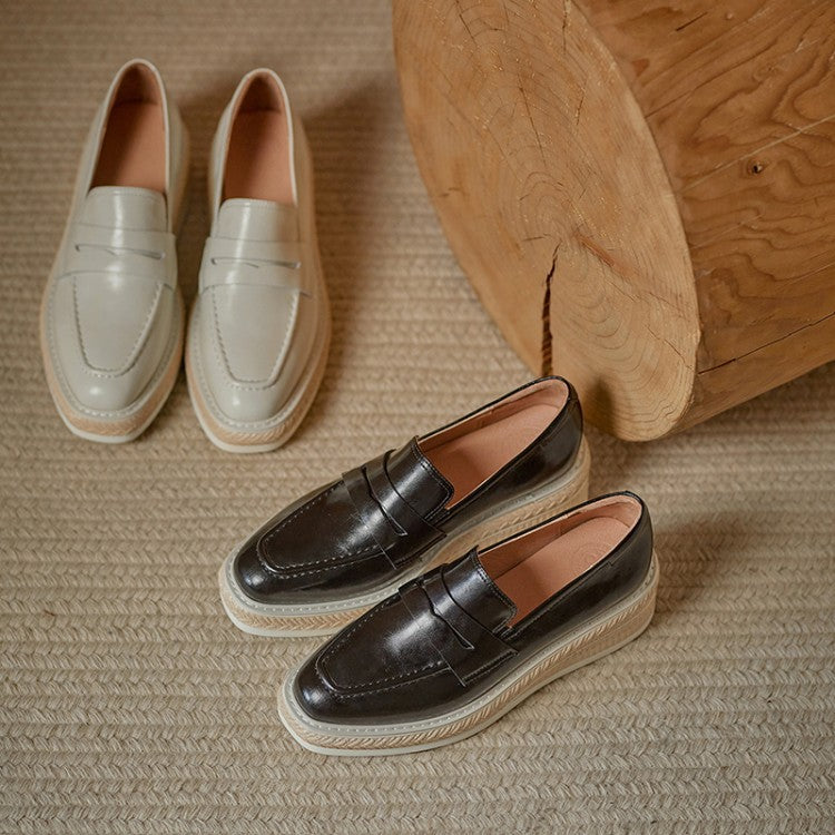 Inside And Outside Full Leather Square Toe Mid-heel Mid-heel Low-top