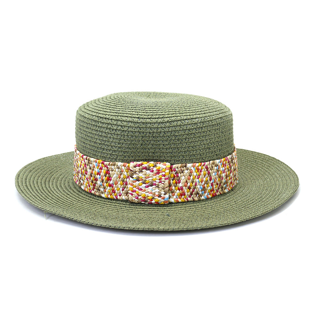 Color Flat Top Straw Hat Outdoor Travel Sunscreen