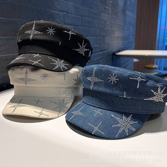 Denim Rhinestone XINGX Flat-top Cap Women's Spring Face Little Wild