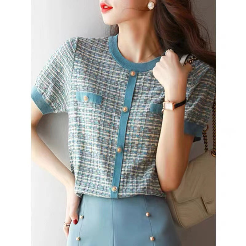 Ice Silk Knitted Top Classic Style Short-sleeved T-shirt Female Round Neck Fashion Loose Temperament Striped