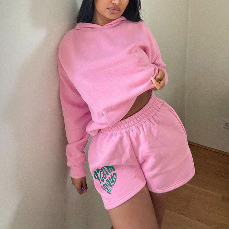 Long Sleeve Hooded Sweatshirt Shorts Two-Piece Set Women's