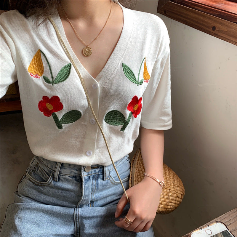 Womens Fashion Floral Plus-Size Knitted Short-Sleeve Top