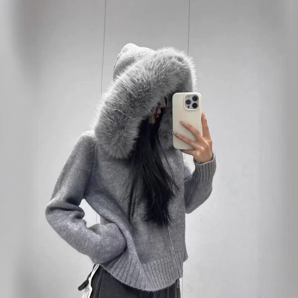 Vintage Knitted Cardigan Long Sleeve Fur Collar Coat
