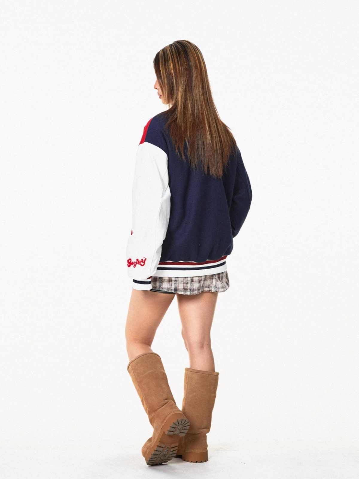 BLACKBBAmerican Color Contrast Patchwork Retro Baseball Uniform Jacket Coat