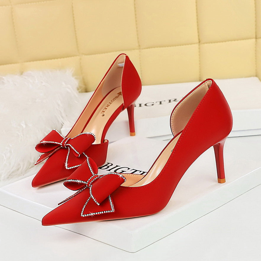 Women's Stiletto Low-cut Pointed Side Hollow Rhinestone Bow High Heels