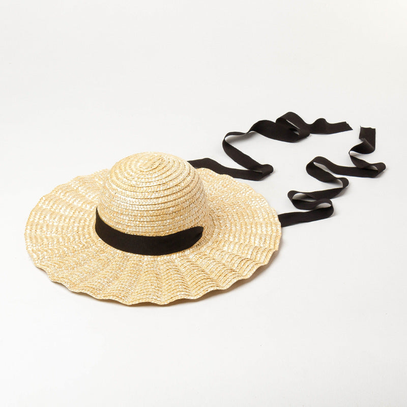 Children's New Shell Type Large Brim Strap Straw Hat