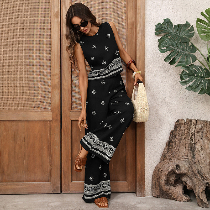 Retro Resort-Style Two-Piece Set In Black With Ethnic Geometric Print For Women