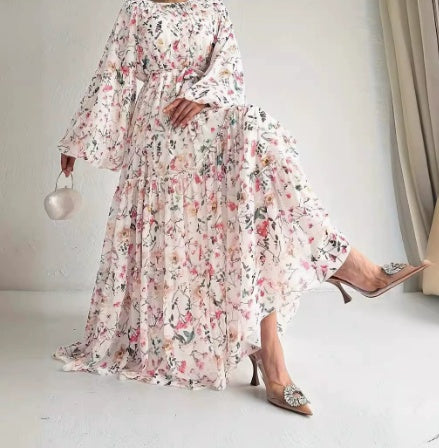 Women's Chiffon Floral Long Dress With Belt, Stylish And Elegant