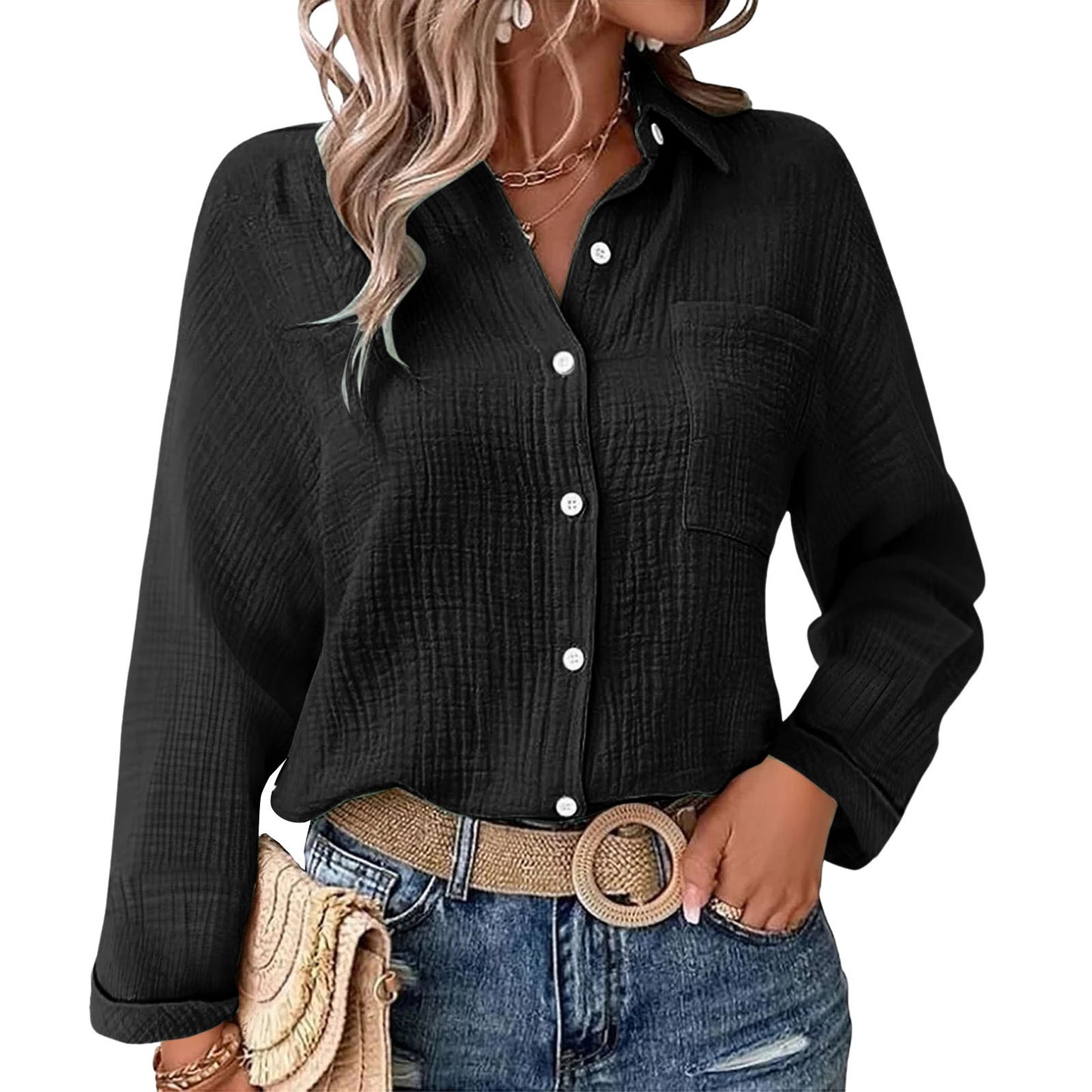 Solid Color Casual Loose Long Sleeve Linen Shirt