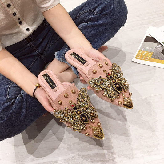 New Rhinestone Butterfly Pointed Baotou Lazy Slippers