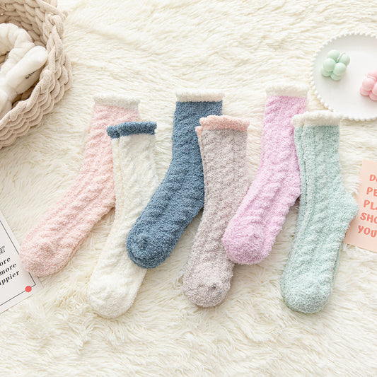 Thickened Thermal Coral Fleece Twist Women's Socks Pile Style Middle Tube
