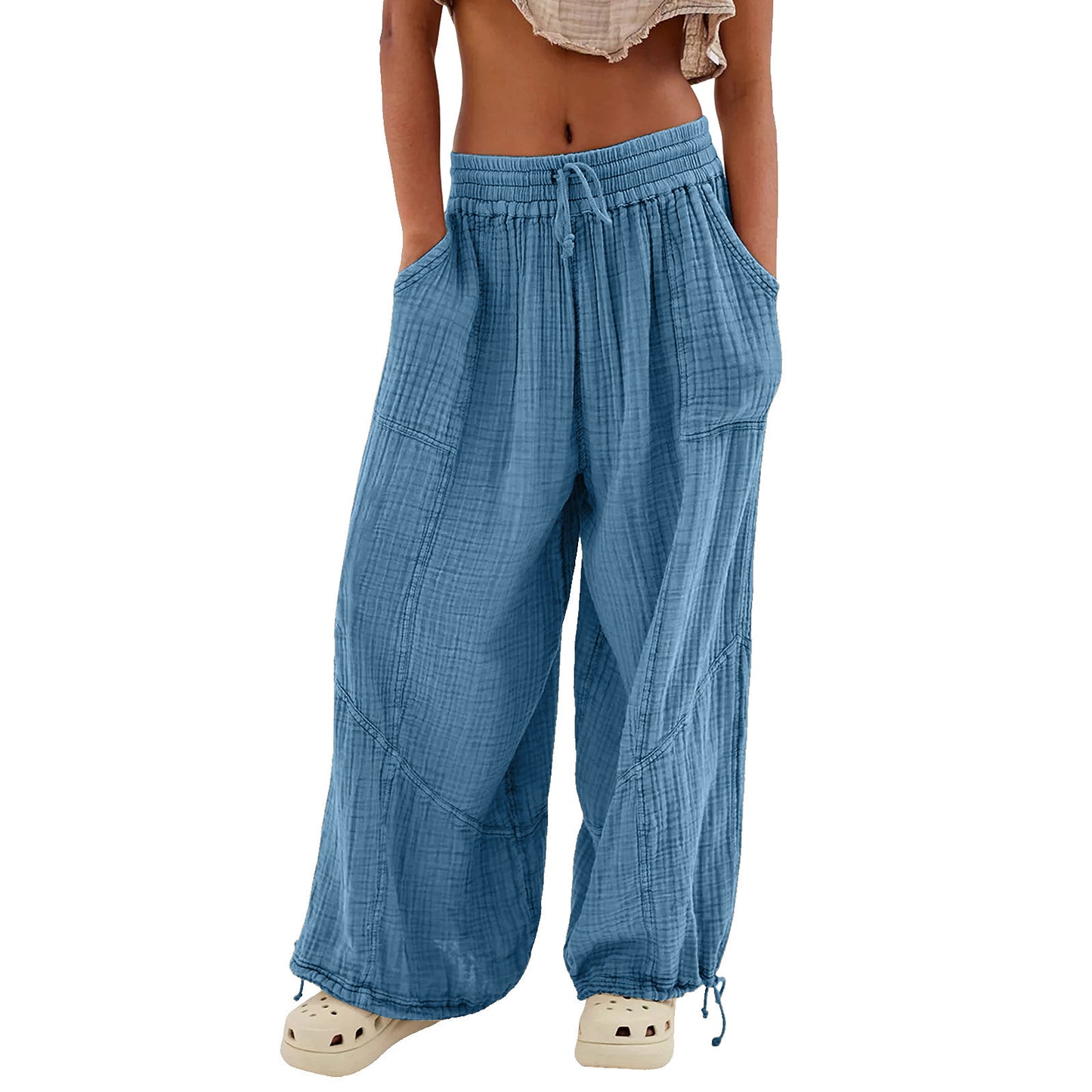 Women's Fashion Solid Color Lace-up Pocket Wide Leg Pants