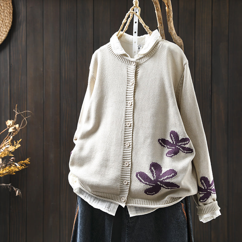 Women's Loose Retro Flower Contrasting Cotton Knit Cardigan