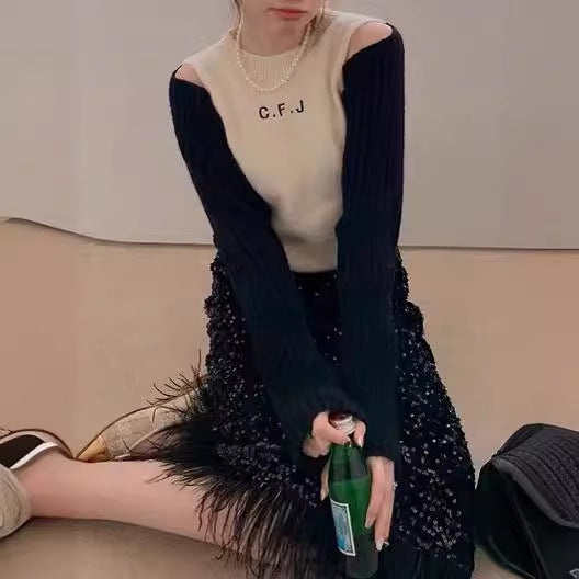 Fashion Women's Velvet Feather Tassel Long Dress