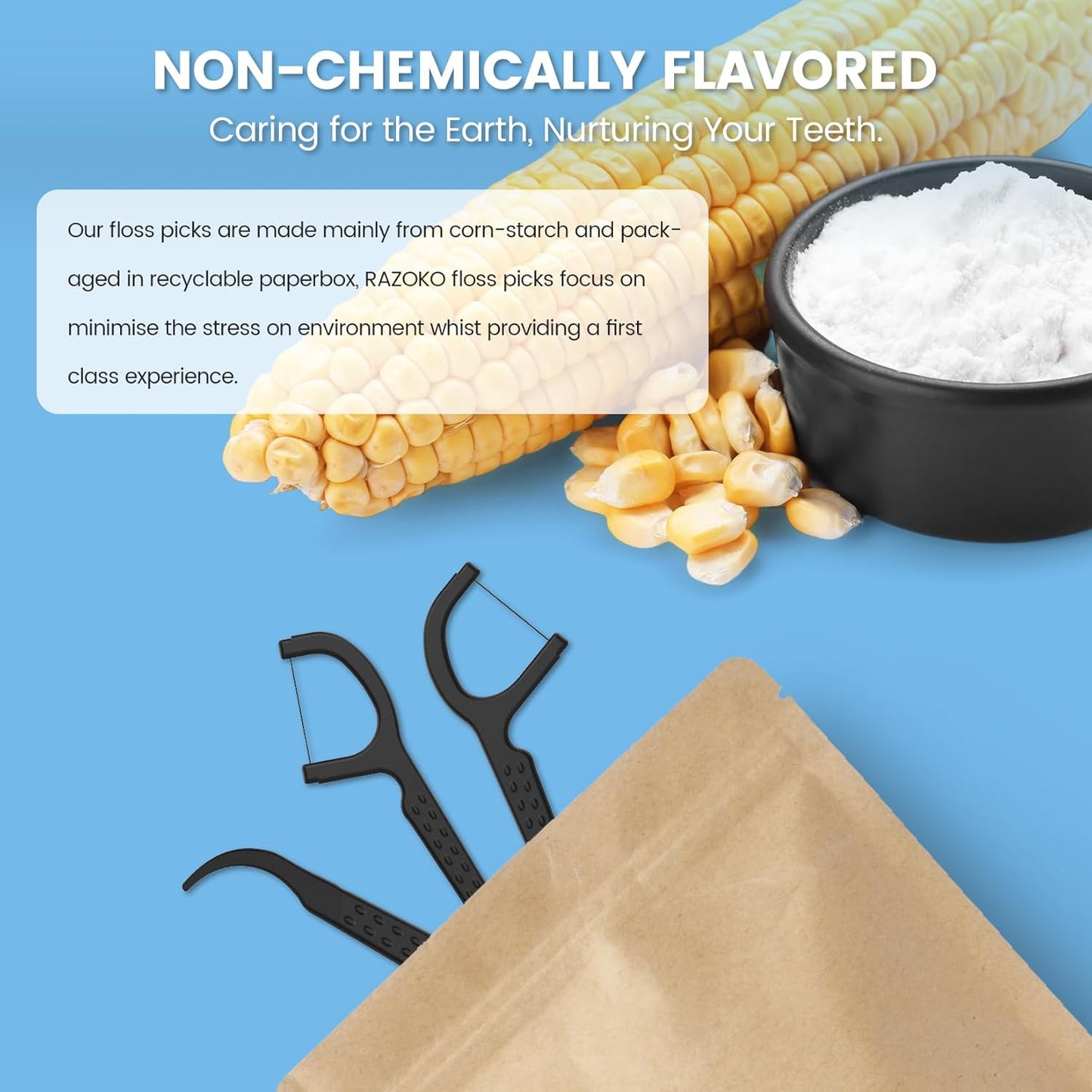 Natural Dental Floss Picks High Toughness Charcoal Toothpicks Sticks-Vegan,Eco-Friendly Sustainable Flossers for Teeth Cleaning (200 Count)