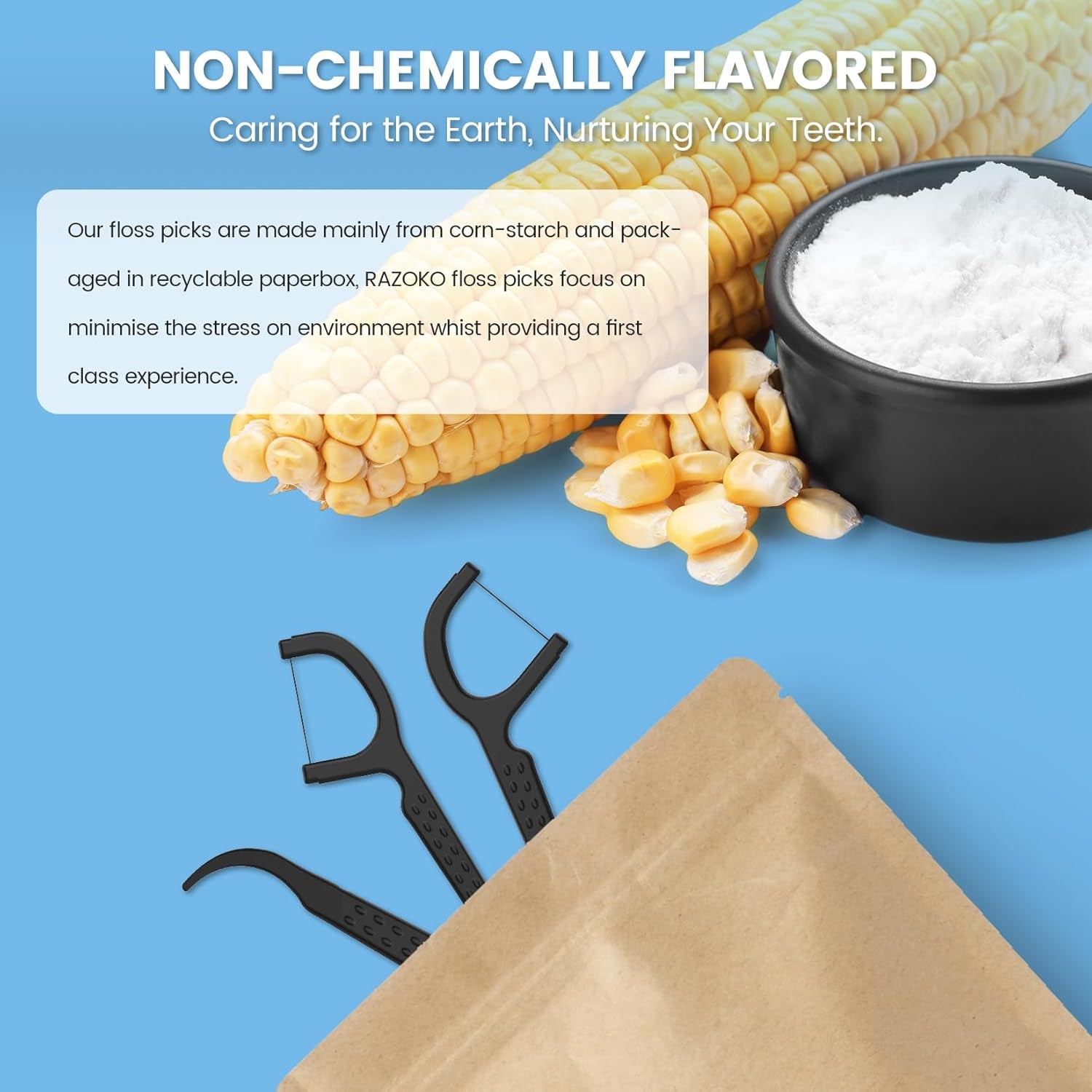 Natural Dental Floss Picks High Toughness Charcoal Toothpicks Sticks-Vegan,Eco-Friendly Sustainable Flossers for Teeth Cleaning (200 Count)