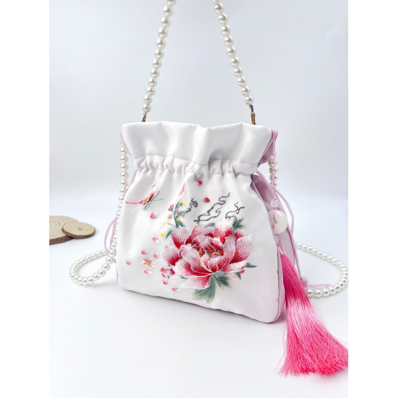 Women's Creative Printing Suzhou Embroidery Pearl Chain Handbag