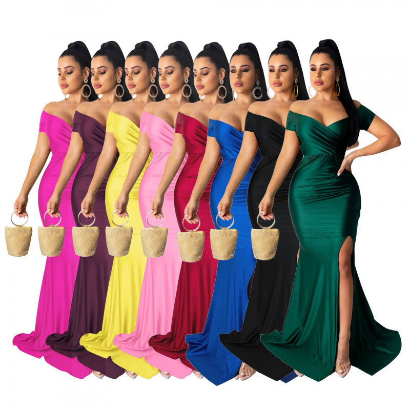 Nightclub V-neck Formal Dress In Solid Color With A High Slit And Short Sleeves