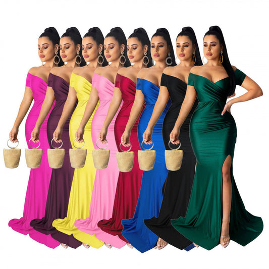 Nightclub V-neck Formal Dress In Solid Color With A High Slit And Short Sleeves