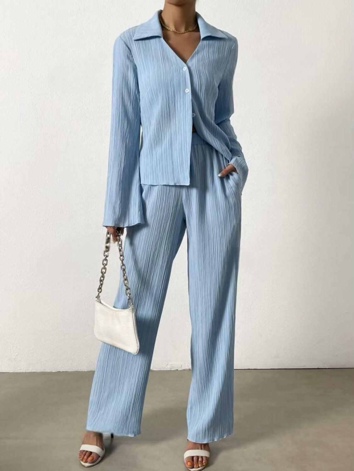 Solid-color Pleated Fashion Long-sleeve Shirt And Wide-leg Pants Casual Set