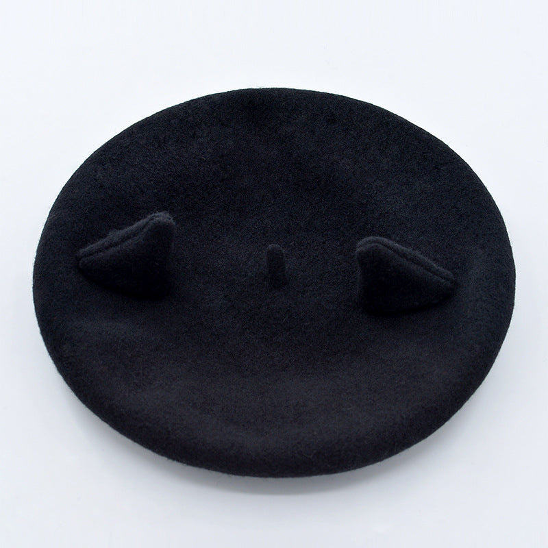 Letter Embroidery Cat Ears Wool Tweed Beret