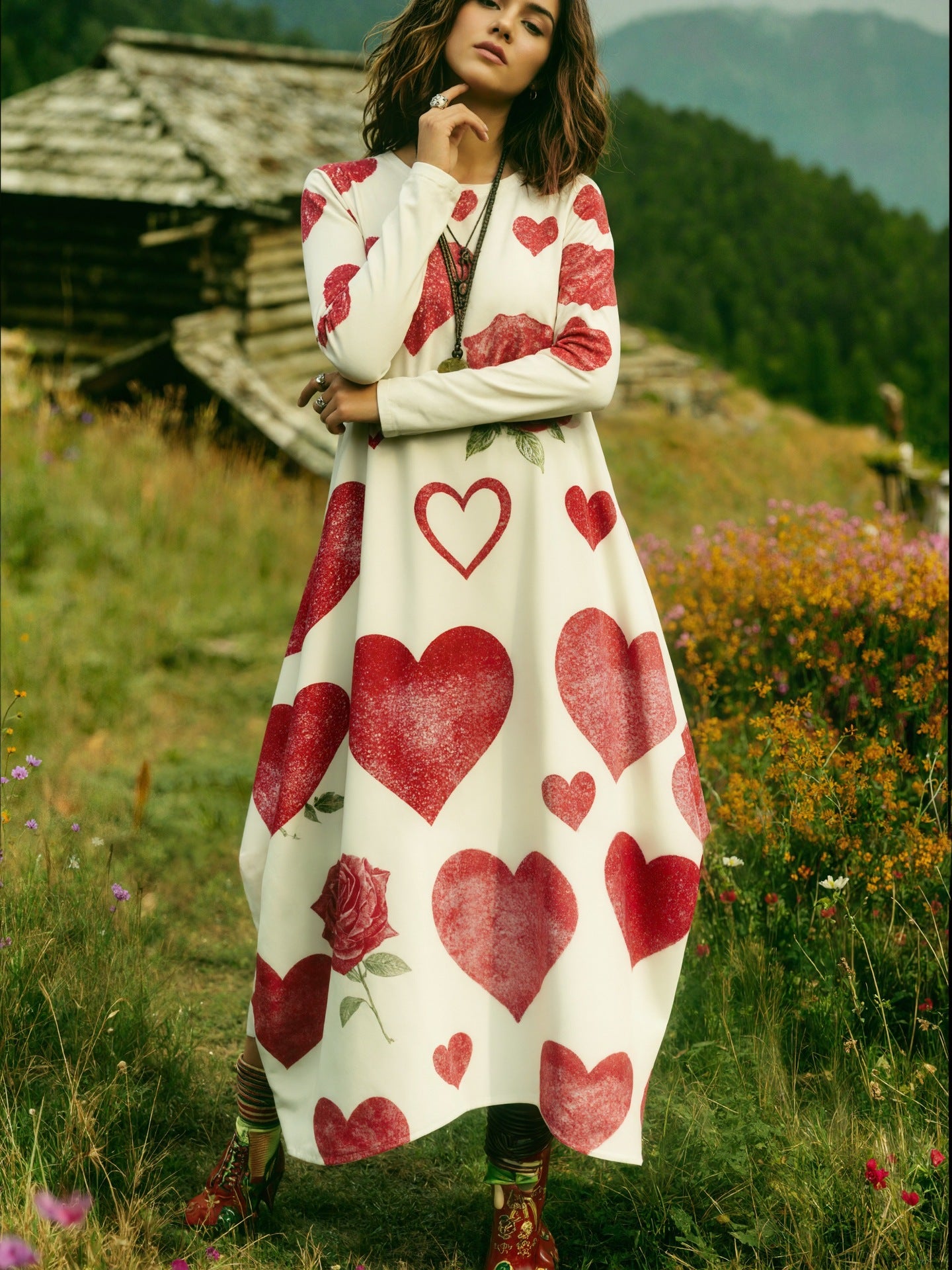 Womens Printed Crew-Neck Long-Sleeve Dress
