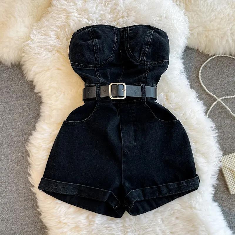 Small Tube Top Denim Jumpsuit Women's Summer Port Style Retro