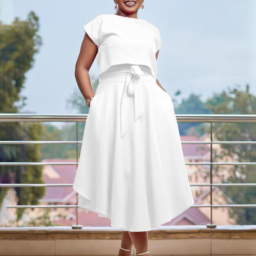 Solid Color Top Big Hem Skirt Two-piece Set