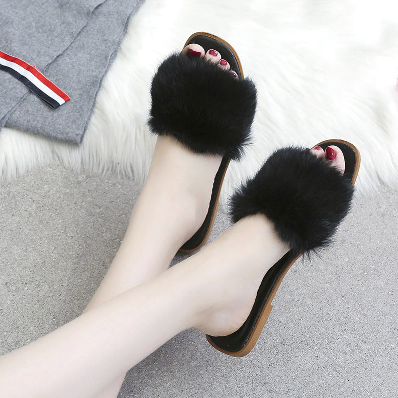 Fashion Rabbit Fur Flat Women's Slippers Plus Size