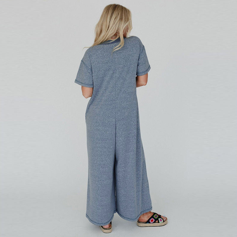 Summer New Color Matching Casual Loose High Waist Wide Leg Jumpsuit