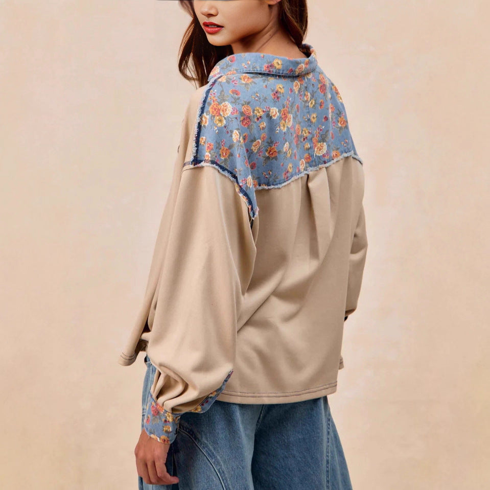 French Casual Loose Lapel Patchwork Fabric Women's Hoodie