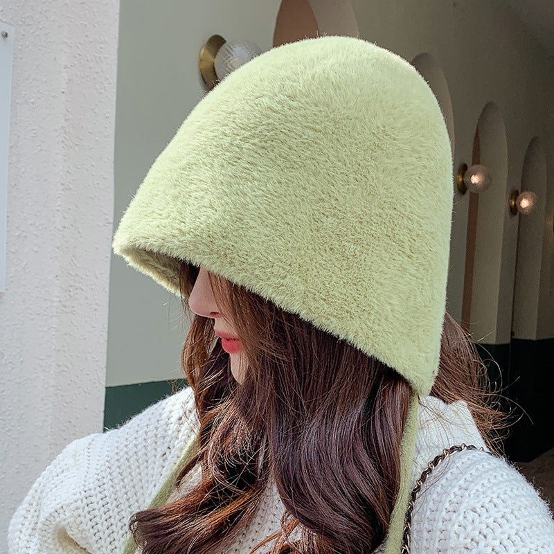 Female Round Top Faux Sable Fur Basin Hat With Solid Lace