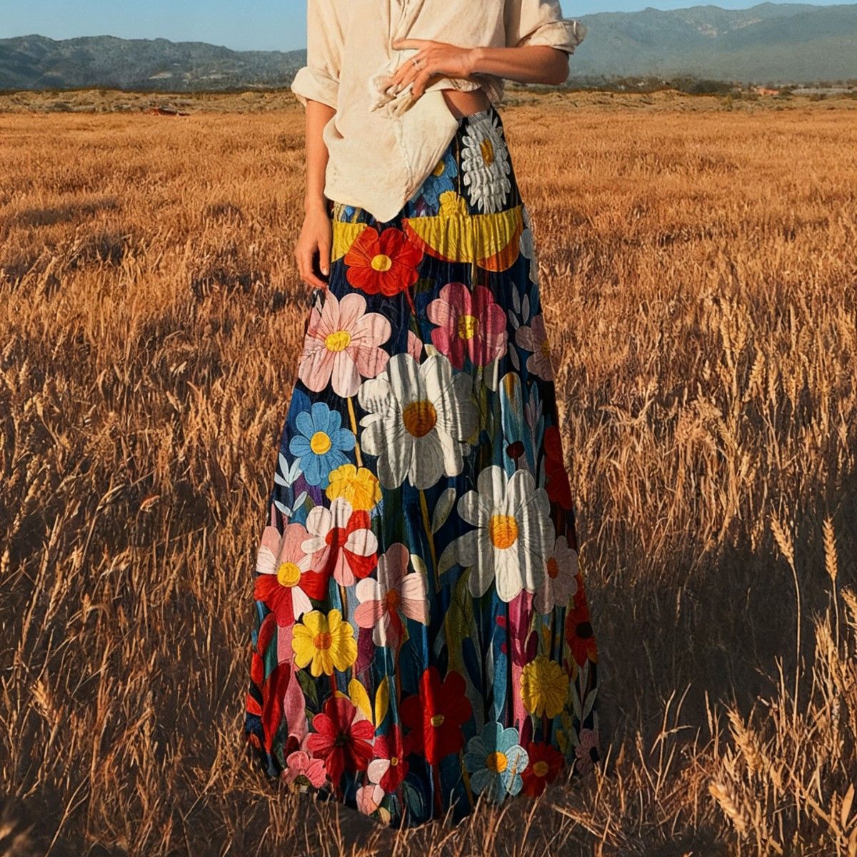 Oil Painting Large Swing Romantic Skirt With Elastic Waist
