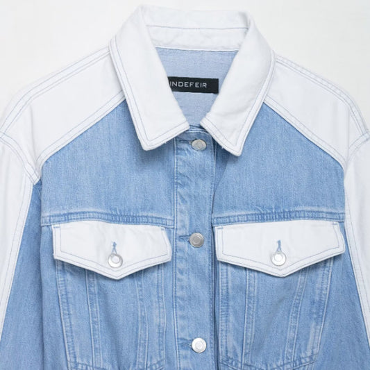 Women's Patchwork Denim Jacket Coat Mid-waist Straight Jeans