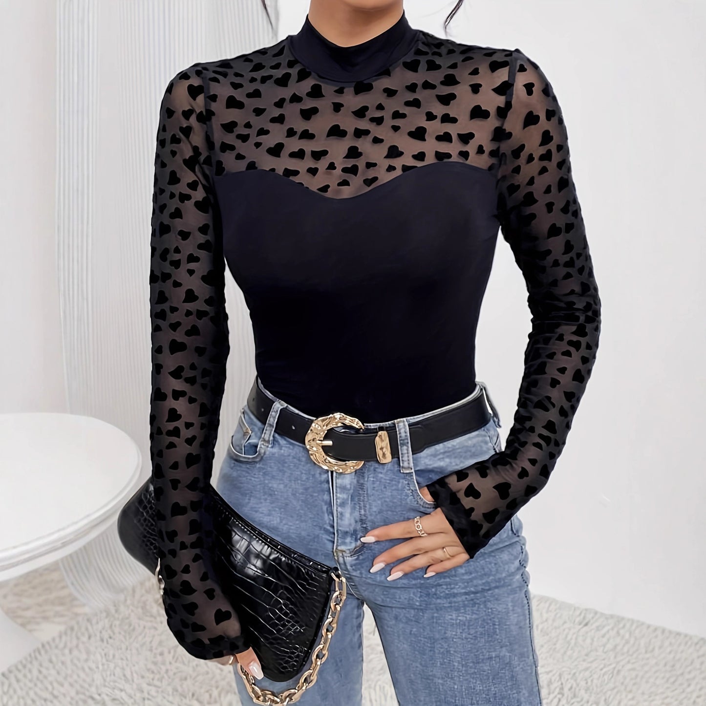 Mesh Stitching Long Sleeves Slim-fit Base T-shirt