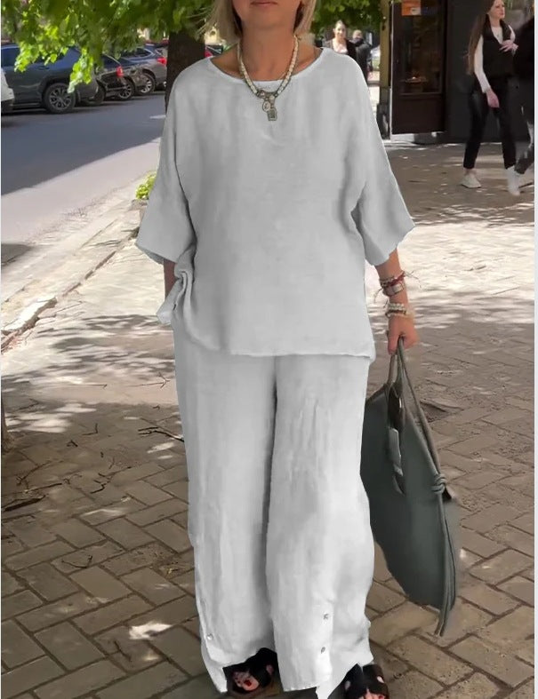 Casual Three-Quarter Sleeve Set Wide-Leg Pants Two-Piece Set