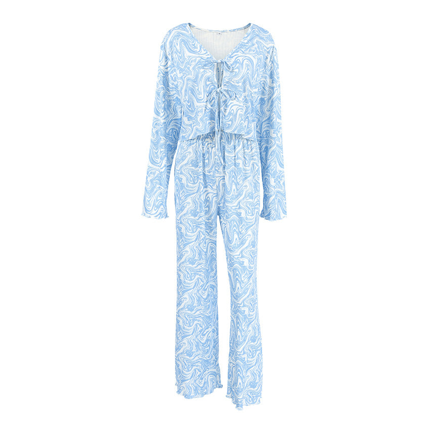 Womens Knitted Printed Loose Long-Sleeve Pajama Pants