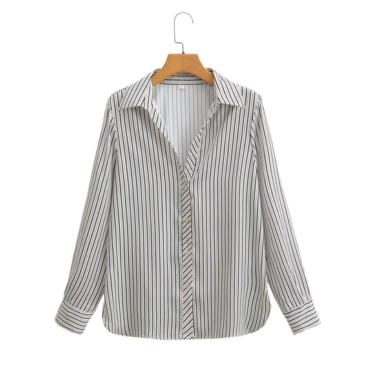 European And American Women's Fashion Lapel Long-sleeve Striped Shirt