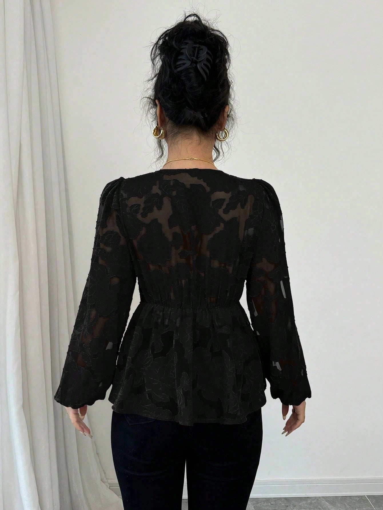 Fashionable Sexy Semi-transparent Long-sleeved V-neck Women's Shirt