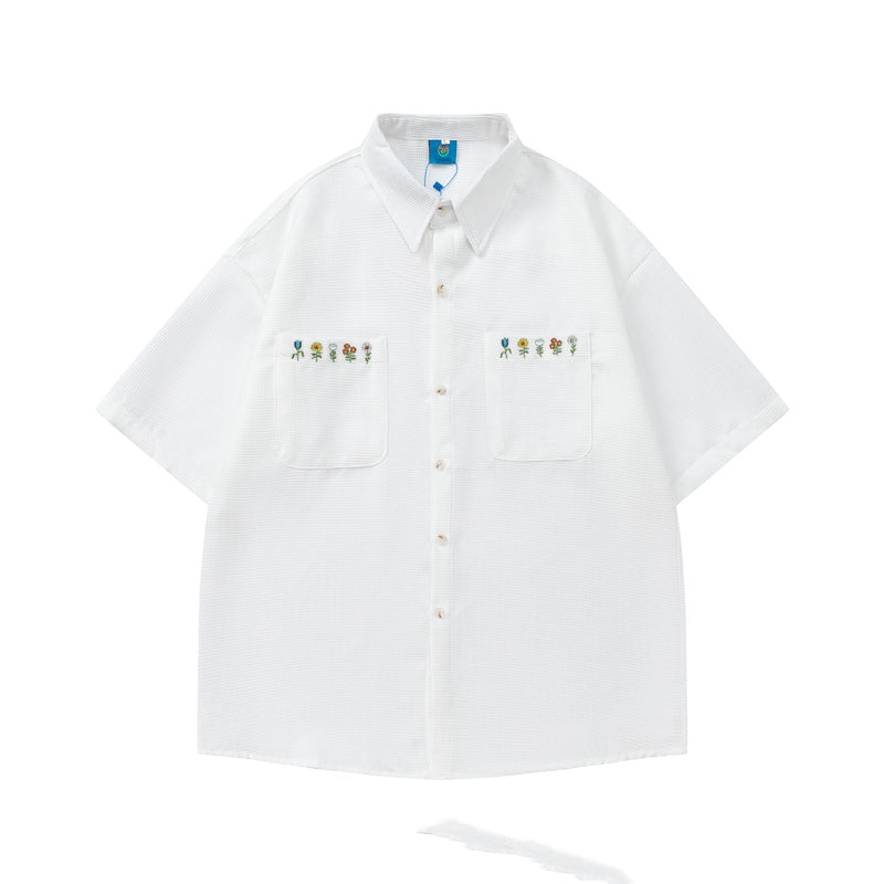 Plaid Embroidered Short-sleeved Loose All-match Couple Shirt