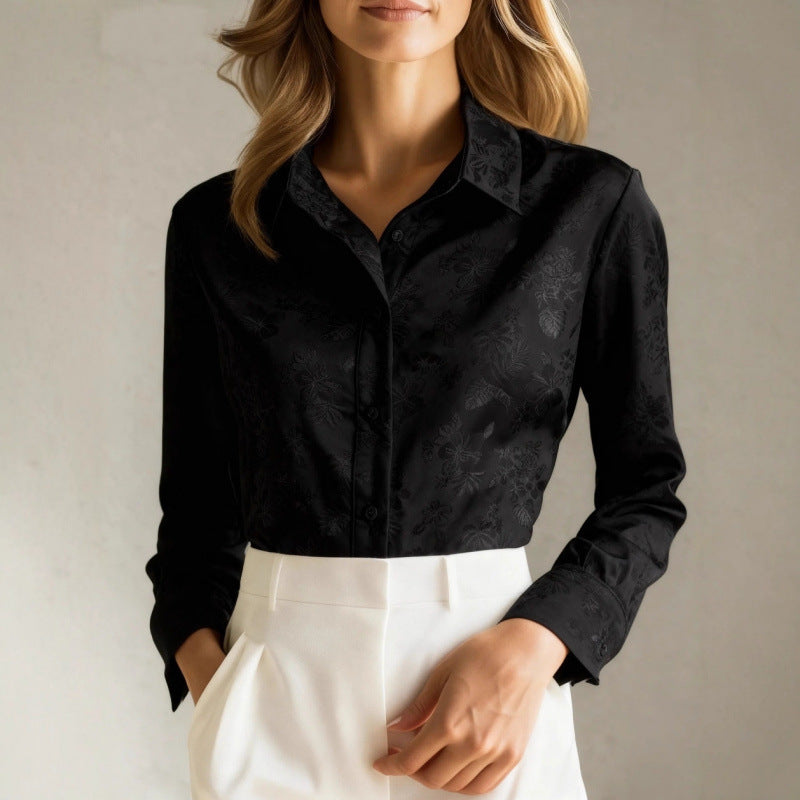 New French Jacquard Subtle Pattern Lapel Long Sleeve Shirt Women's Clothing