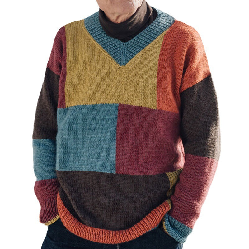 Herre strik V-hals, farveblok, langærmet pullover