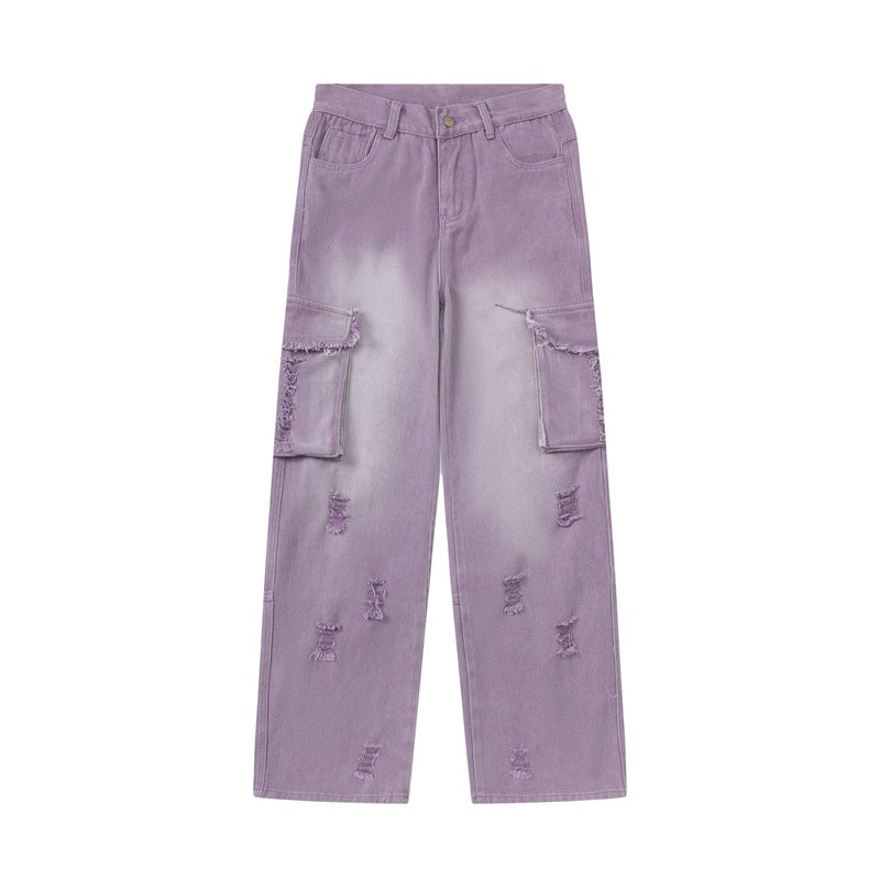 Summer Retro Hot Girl Sweet Cool Style Purple Washed Distressed Straight Wide Leg Jeans For Women