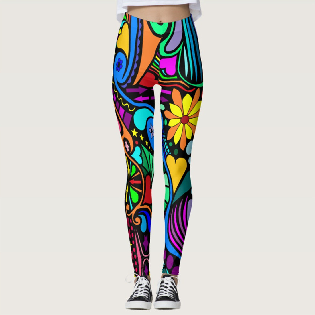Popular Contrast Color Flower Leggings Women's Sports Casual Slim-fitting Ankle Length Trousers